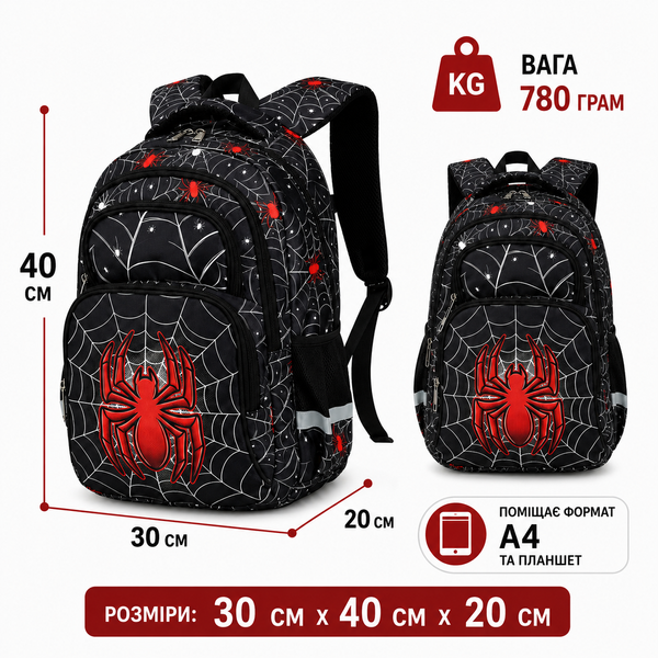 Шкільний ортопедичний дитячий рюкзак Spider man для хлопчиків Людина павук для хлопчика до школи 1 &ndash; 5 клас 6, 7, 8, 9, 10, 11 років та першокласника чорний spiderback фото