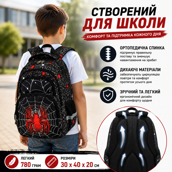 Шкільний ортопедичний дитячий рюкзак Spider man для хлопчиків Людина павук для хлопчика до школи 1 &ndash; 5 клас 6, 7, 8, 9, 10, 11 років та першокласника чорний spiderback фото
