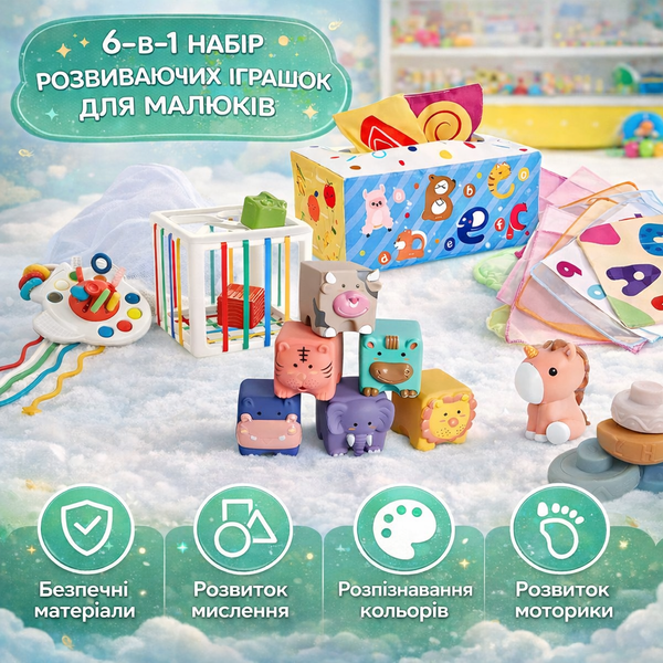 Розвиваючий набір для немовлят Kindergods брязкальце, гризунець, тактильні сенсорні кубики, пірамідка, серветниця шелестка на 34 елементи   UniC фото