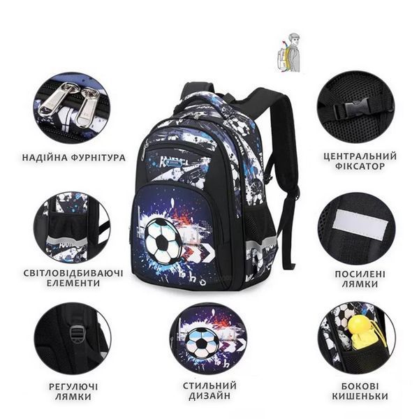Шкільний ортопедичний дитячий рюкзак для хлопчиків Football Ball для хлопчика в школу 1-5 клас чорний ballbackpack фото