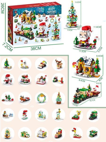 Різдвяний конструктор адвент календар Advent calendar Merry Christmas & Happy New Year, новорічний конструктор для дівчинки чи хлопчика Ялинка, Санта Клаус, сніговик, подарунки, олень, потяг, пряниковий будиночок на 1123 деталі на 28 моделей AKB1 фото