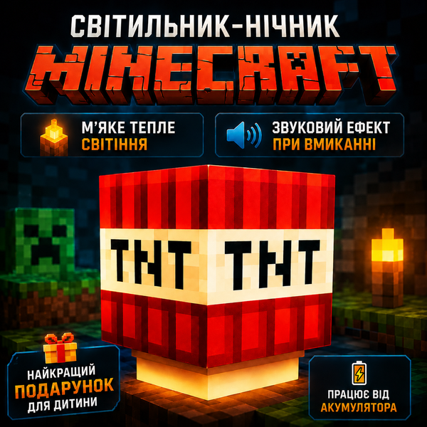 Нічник Minecraft TNT &ndash; LED світильник блок ТНТ з ефектом звуку та підсвіткою на акумуляторі tntlight фото