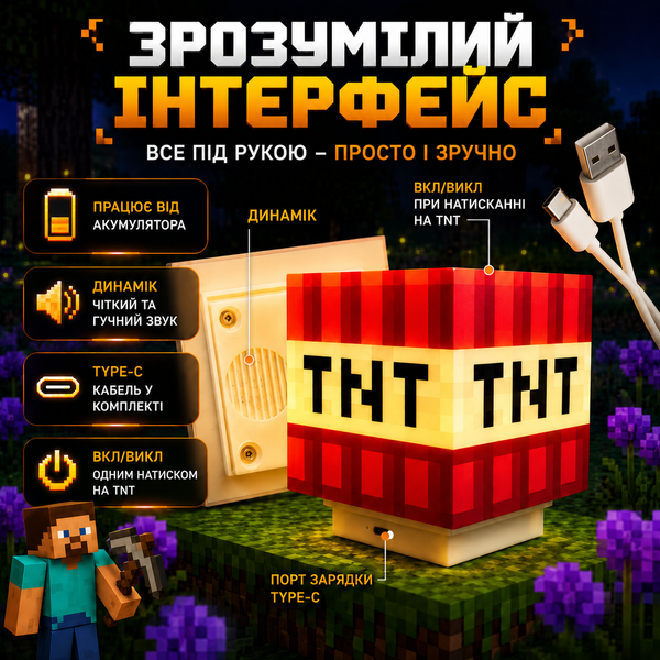 Нічник Minecraft TNT &ndash; LED світильник блок ТНТ з ефектом звуку та підсвіткою на акумуляторі tntlight фото