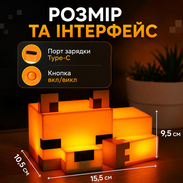 Нічник Minecraft Лисичка &ndash; дитячий LED світильник лис з м&rsquo;яким світлом на акумуляторі lusmncrf фото
