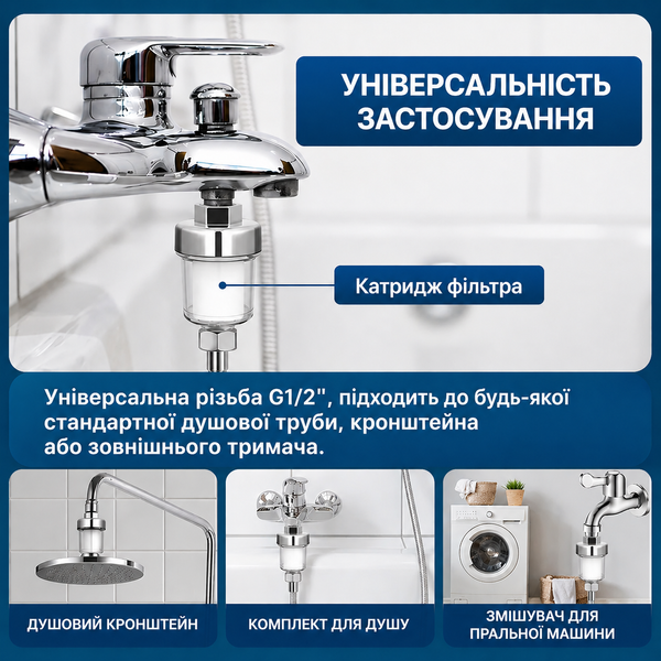 Проточний Фільтр води для душу чи крану на лійку для грубого очищення від жорсткої води та іржі для ванної + 10 картриджів FILTERiKATR фото